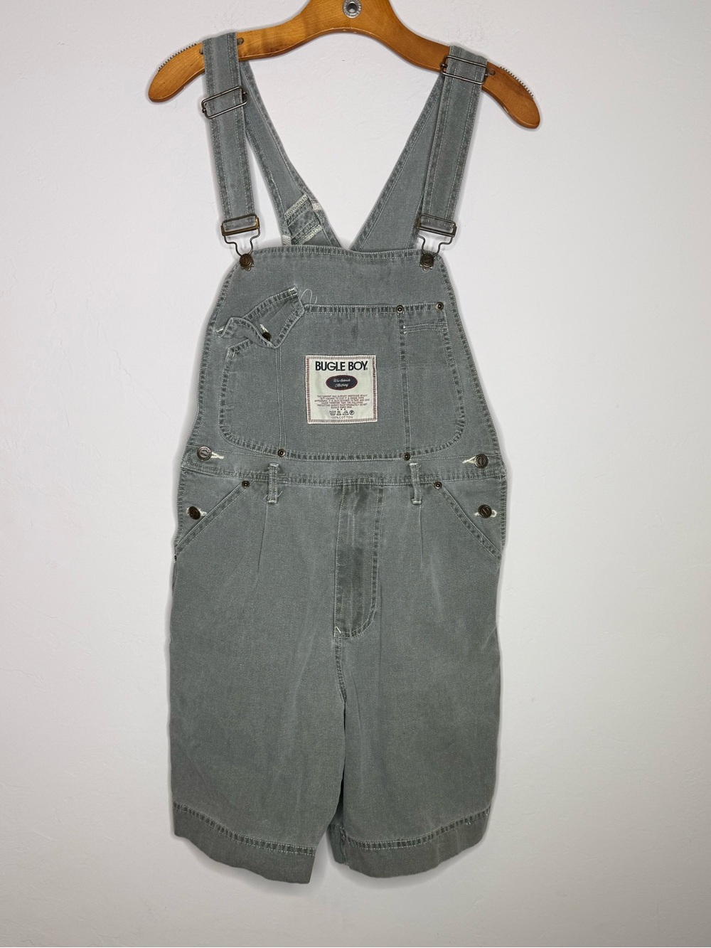 Vintage 90s Bugle boy overall shorts faded sage green size small carpenter
